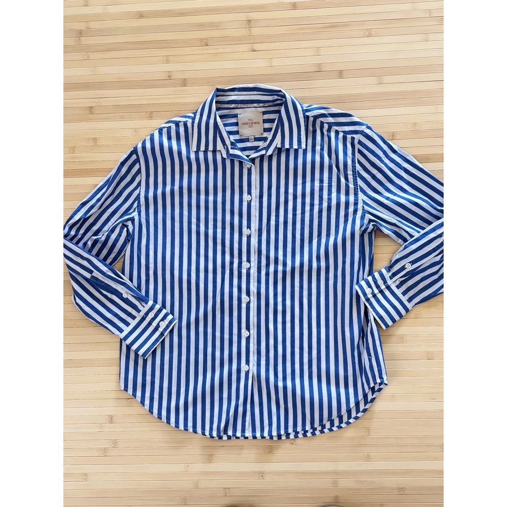 Casa Cabana Blue White Striped Button Down Shirt Long Sleeve Cotton Stretch L